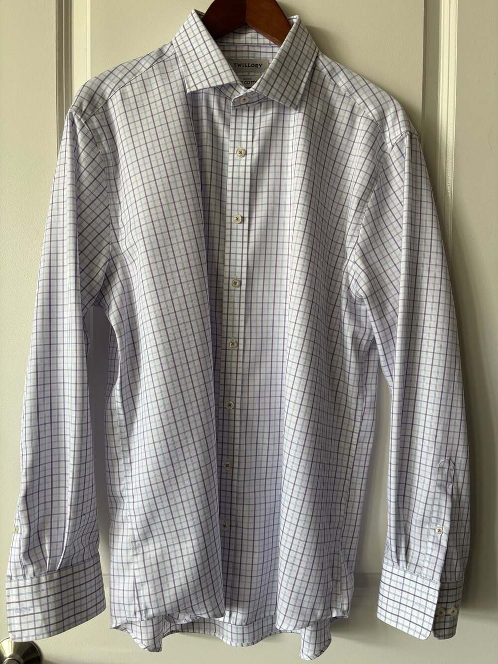 Twillory Tailored Fit Cotton Purple Grid Check Dress Shirt Size 17 34/35